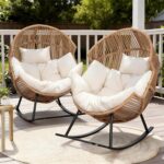 Juego de 2 Mecedoras para Exteriores Shintenchi STC-TBDLY2-6 Silla de Huevo de Ratán Base Beige