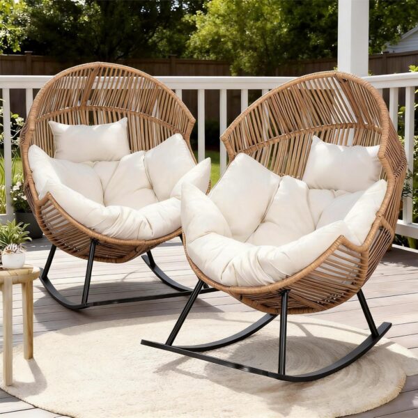 Juego de 2 Mecedoras para Exteriores Shintenchi STC-TBDLY2-6 Silla de Huevo de Ratán Base Beige