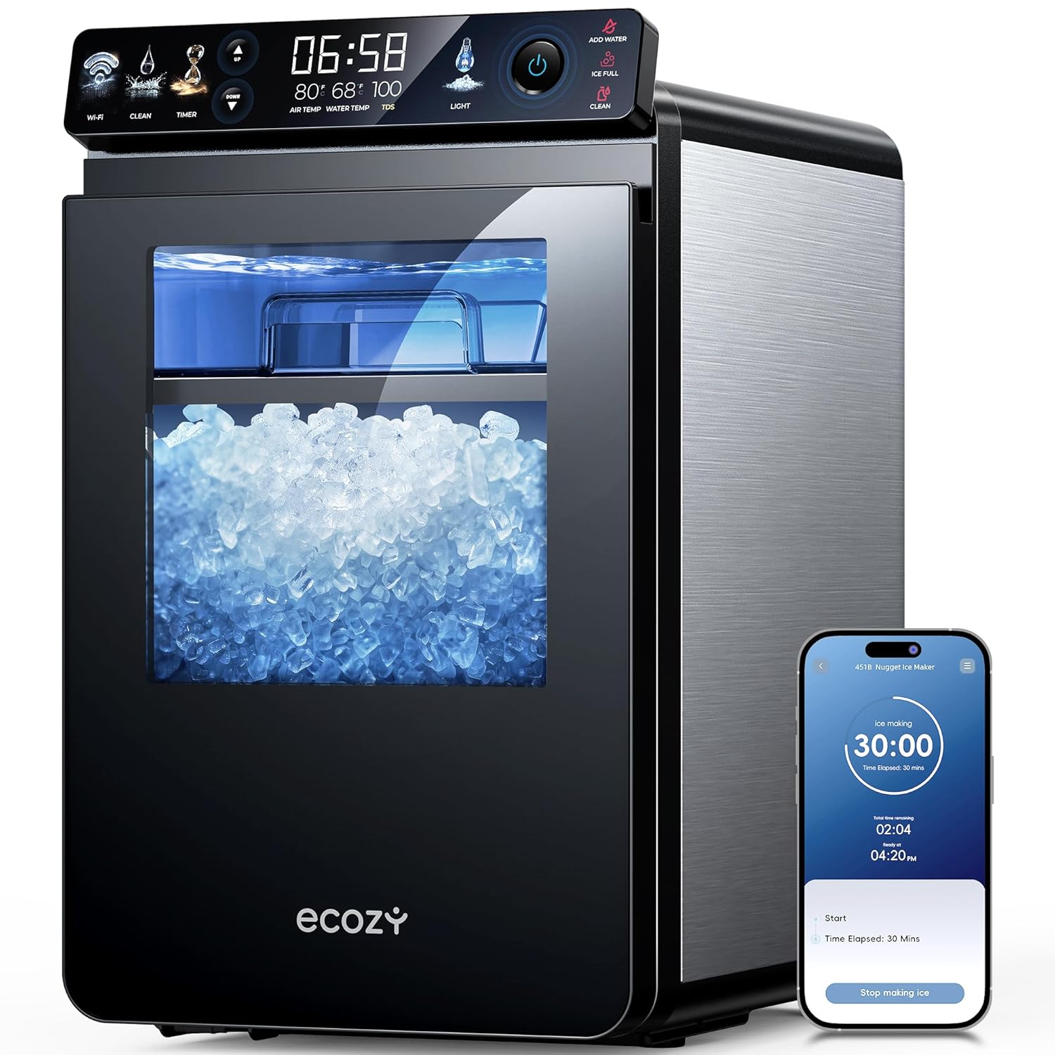 ecozy Nugget - Máquina de hielo para encimera, primer panel inteligente a todo color de 44 libras/24 horas con aplicació