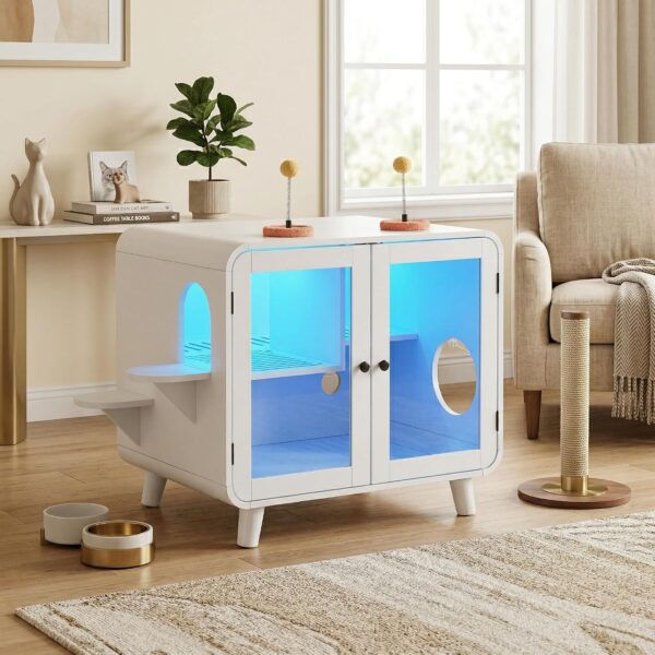 Gabinete para Gatos Trygoal N704-Cat Cabinet-1 con Caja de Arena Oculta Luz LED RGB y Puertas de Vidrio Dobles 30.7 x 23