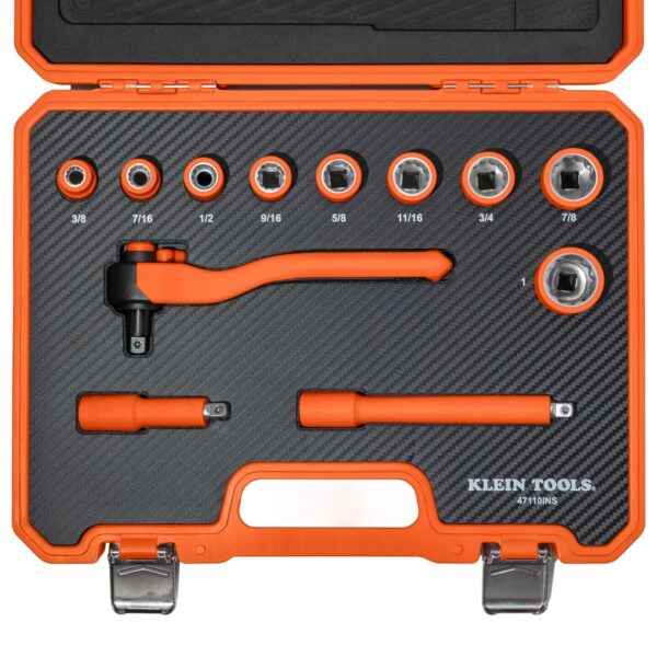 KLEIN TOOLS 47110INS - Juego de trinquete y llaves aisladas, clasificación de 1000 V, certificado ASTM F1505, incluye ba