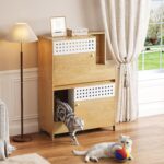 Mueble para Caja de Arena para Gatos GDFStudio Modelo 374419 con Estante de Almacenamiento Diseño Ventilado Color Natura