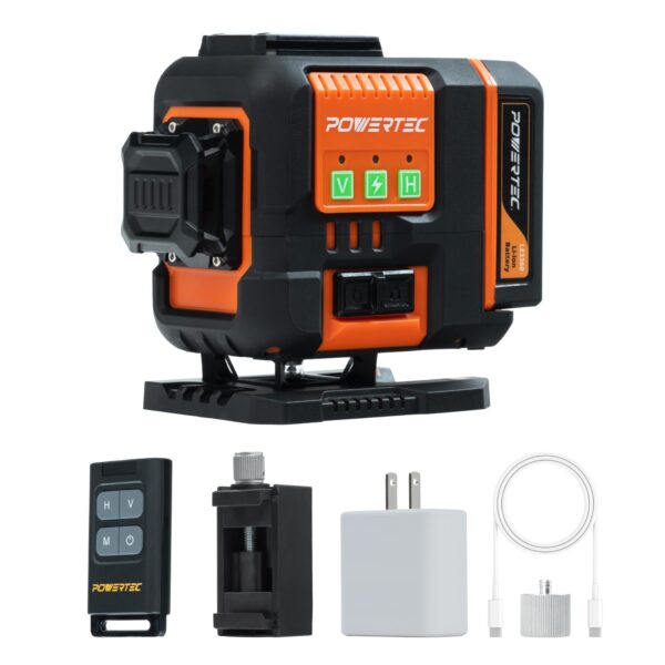 Nivel Láser POWERTEC LE3360V 3x360° Autonivelante Verde con Control Remoto y Plataforma de Elevación Recargable USB-C