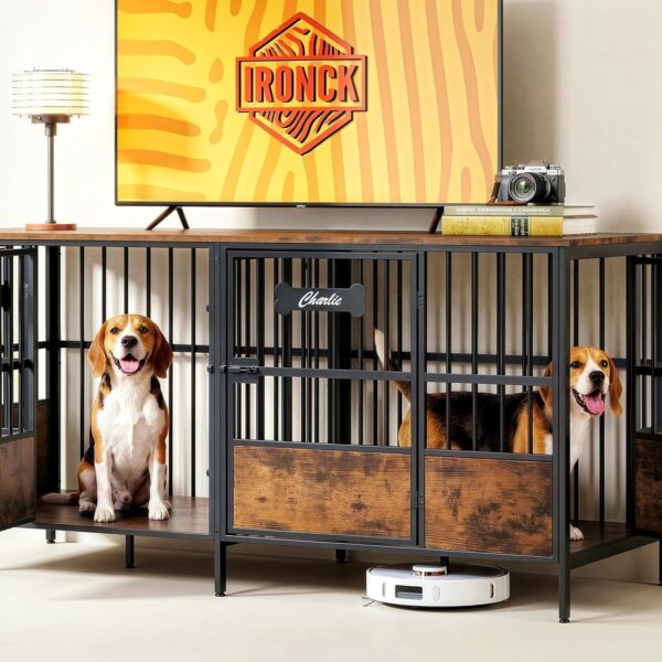 Mueble Jaula para Perros IRONCK QR-6668 67 Pulgadas Divisor Ajustable Marrón Rústico