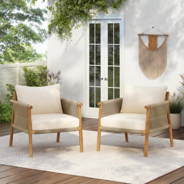 Silla de Patio Christopher Knight Home Posey Juego de 2 Madera de Acacia Color Teca y Beige con Cojín Extraíble