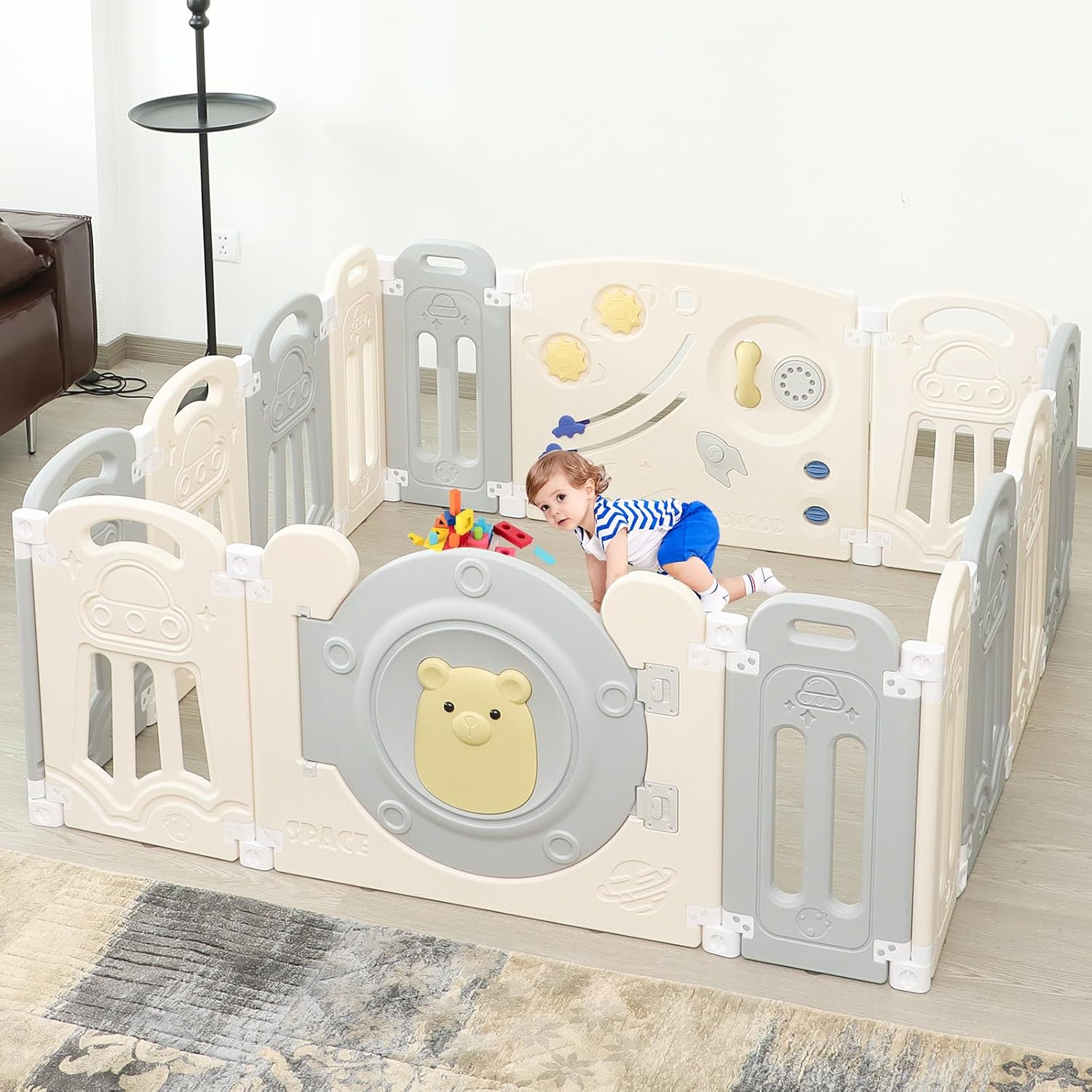Corralito para bebés HAPPYMATY 14 paneles con puerta con cerradura plegable gris blanco plástico para interiores y exter
