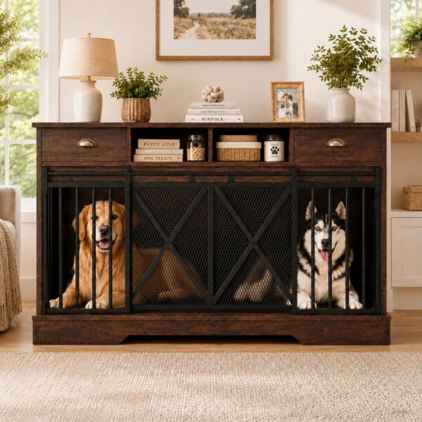 Jaula para perros GarveeHome 62.6 pulgadas divisor extraíble puertas corredizas 2 cajones mueble soporte para TV color m