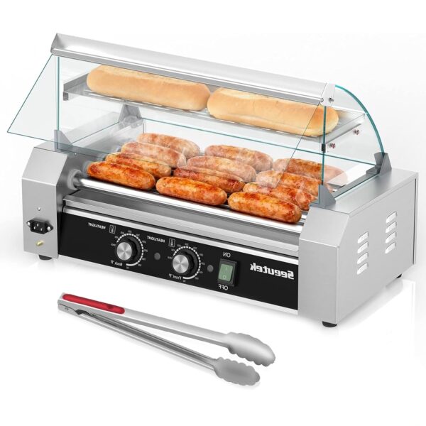 Seeutek Rodillo para perros calientes, 12 perros calientes 5 rodillos, cocina de parrilla de salchichas de acero inoxida