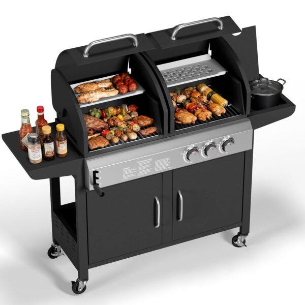 Combo Parrilla de Gas Propano y Carbón Garvee 3 Quemadores 24000 BTU con Gabinete de Almacenamiento