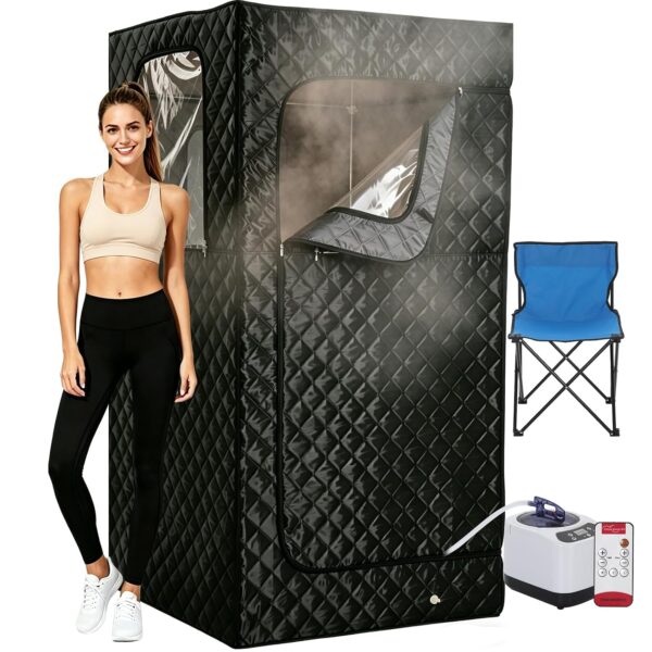 Sauna Portátil Garvee 35x35x71 pulgadas con Generador de Vapor 3L 1200W Silla Plegable Control Remoto Negro