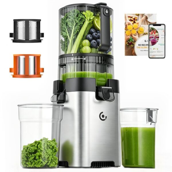 Exprimidor de prensa en frío, canal de alimentación de 6.5 pulgadas de ancho, extractor de exprimidor lento para frutas