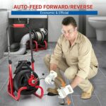 Drain Cleaner Machine 75 FT x 1/2 Inch, Auto Feed Sewer Snake Drain Auger on Wheels, Portable Drain Cleaning Machine wit