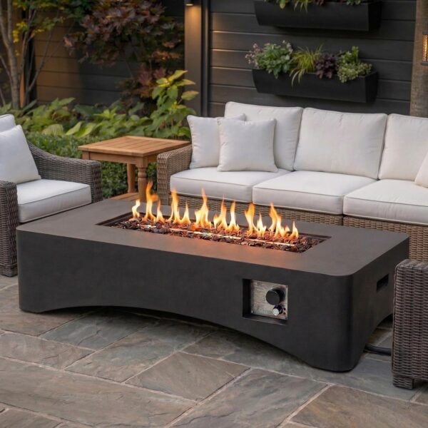 Mesa de Fuego KEIKI XS01479 Rectangular de Gas Propano 56 Pulgadas 50000 BTU Hormigón Gris Oscuro con Rocas de Lava Cubi