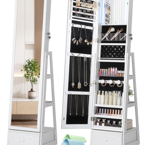 Armario de Joyería Nicetree NT-HF008 con Espejo LED Giratorio 360 Grados Espejo de Cuerpo Completo Cajón Inferior y Cerr