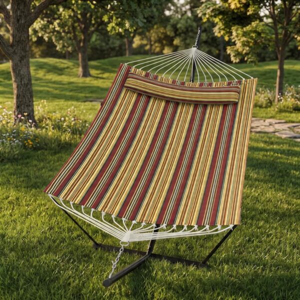 Hamaca Doble MilleLoom con Base Roja Capacidad 450 Libras Barra Curva de 55 Pulgadas y Almohada Incluida