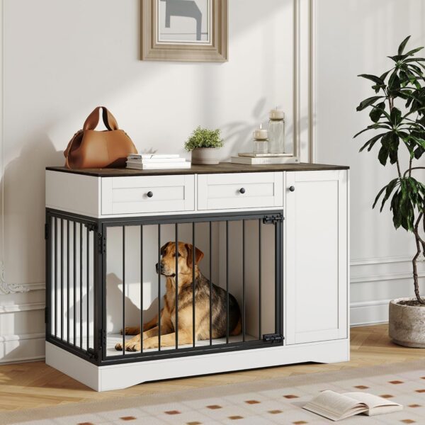 Mueble Jaula para Perros EliteEdge Doble Puerta 47 Pulgadas Madera Blanco con Bandeja Extraíble