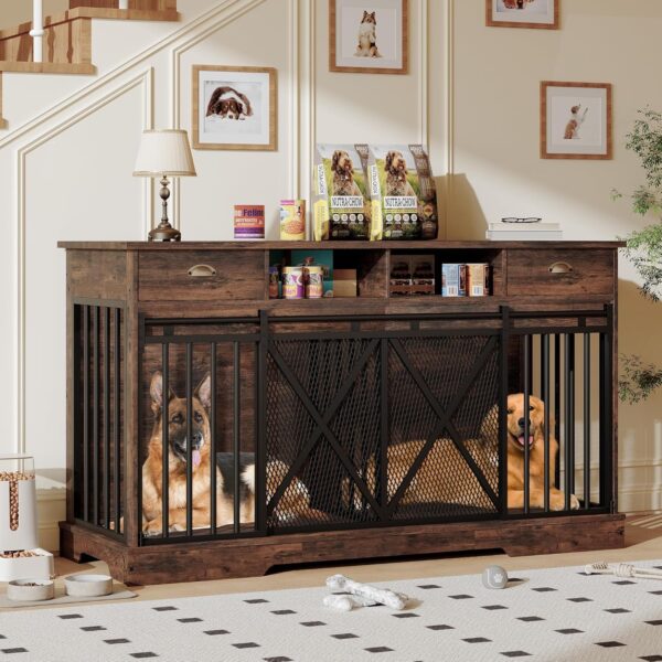 Mueble para Perros EliteEdge 63 Pulgadas Doble Puerta con Divisor Extraíble 2 Cajones de Almacenamiento y Estantes Abier