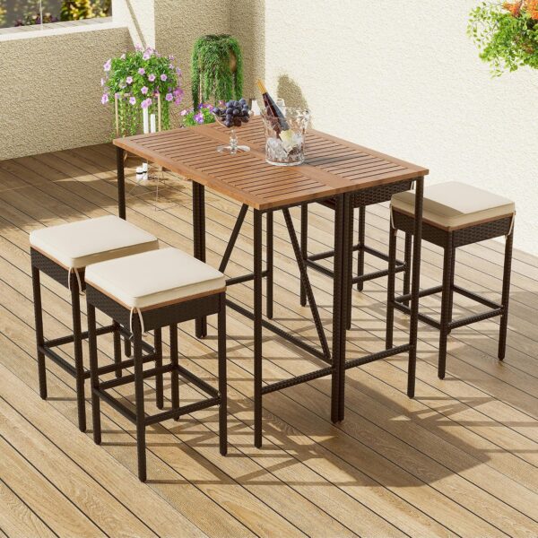 Set de Comedor Alto para Exterior Merax 5 Piezas Madera de Acacia y Ratán PE Plegable Café con 4 Bancos y Cojines