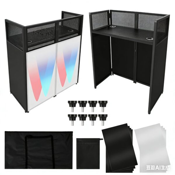 Portable Foldable DJ Facade Booth 50"×46"×21", DJ Table Station Booth with White & Black Scrim, Black Metal Frame & Adju