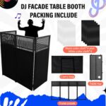 Portable Foldable DJ Facade Booth 50"×46"×21", DJ Table Station Booth with White & Black Scrim, Black Metal Frame & Adju