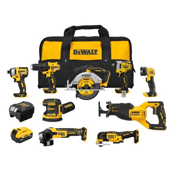 DEWALT 20V MAX 5Ah, Brushless 9 Power Tools with Battery, Charger, Drill, Impact Driver, Reciprocating Saw, Circular Saw