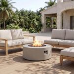 Mesa Fire Pit de Propano Christopher Knight Home 384938 32 Pulgadas Redonda de Hierro 40000 BTU Color Gris Claro con Roc