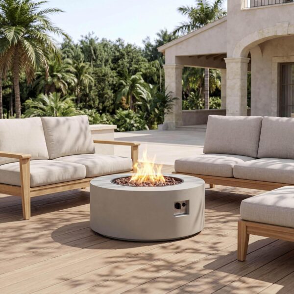 Mesa Fire Pit de Propano Christopher Knight Home 384938 32 Pulgadas Redonda de Hierro 40000 BTU Color Gris Claro con Roc