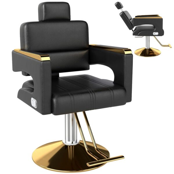 Silla de Peluquería Zevemomo QXTZSALONCHAIR02 Reclinable Giro 360 Grados Capacidad 330 Libras Color Negro Dorado