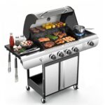 Parrilla de Gas Kismile JD-4A 4 Quemadores 42000 BTU Acero Inoxidable con Quemador Lateral y Rejillas de Hierro Fundido