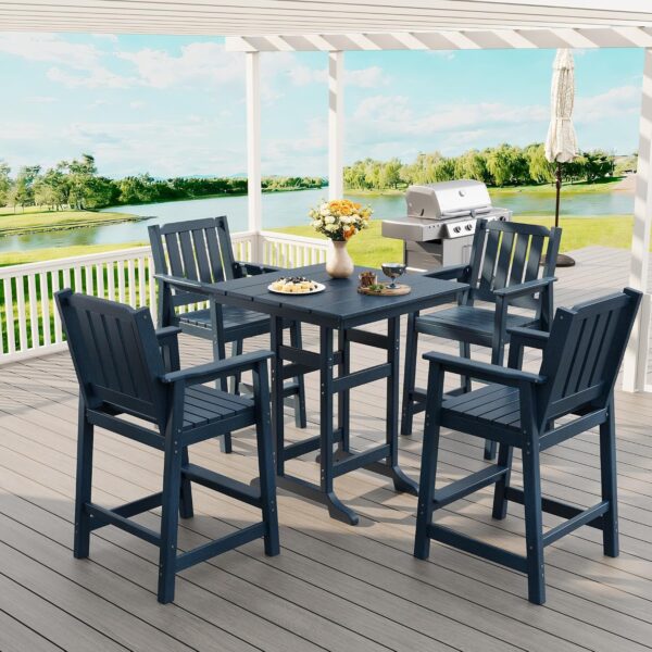 Juego de Bar Adirondack Garvee 5 Piezas para Exteriores HDPE Azul Marino con Mesa Cuadrada y 4 Sillas de Bar