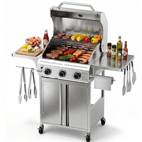 Parrilla de Gas Kismile JD-3F 3 Quemadores 24000 BTU Acero Inoxidable Rejillas Esmaltadas de Porcelana