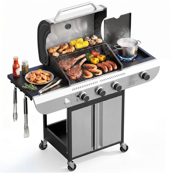 Parrilla de Gas Propano Kismile JD-3A-1 3 Quemadores 34000 BTU con Quemador Lateral Rejillas de Hierro Fundido Esmaltado