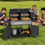Parrilla de Gas y Carbón GAOMON 343269GPI 24000 BTU Combo Dual con Quemador Lateral 8000 BTU y Rejillas de Hierro Fundid