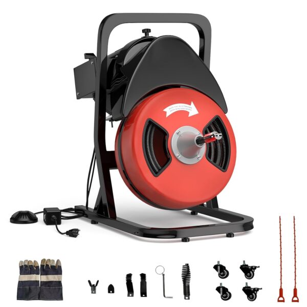 50FT x 1/2" Heavy Duty Drain Cleaner Machine,Auto Feed Sewer Snake Auger on Wheels, 450w Portable Drain Cleaning Machine