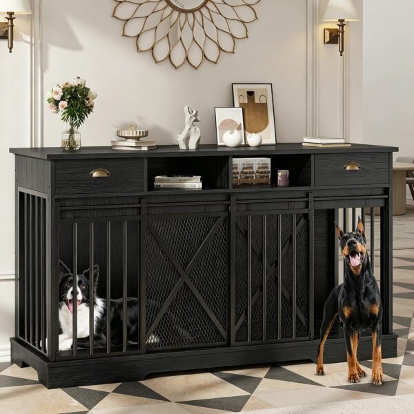 Caseta para Perro Doble Garvee ZYGV-3384-BK-qRsBHJ9Gi-S 62.6 Pulgadas con Divisor Puertas Corredizas Cajones y Repisas N
