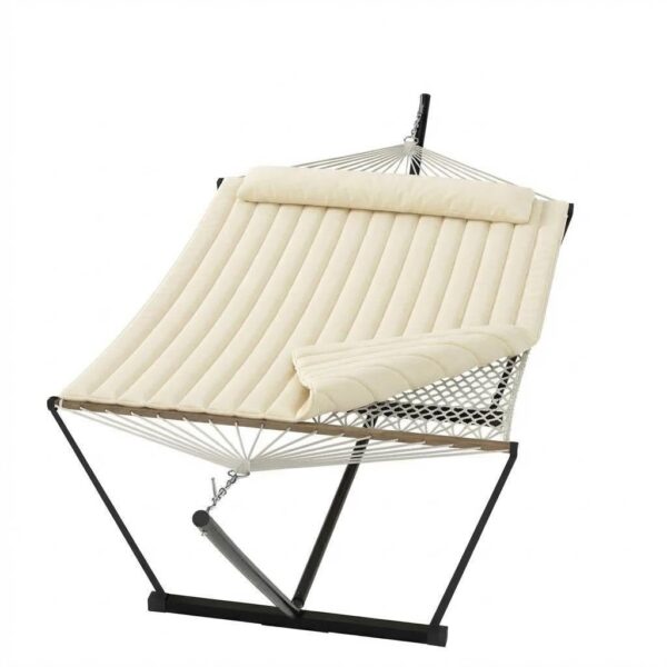 Hamaca Doble Portátil Garvee para 2 Personas con Soporte de Acero Ajustable y Almohada Color Blanco Hueso 350 Libras