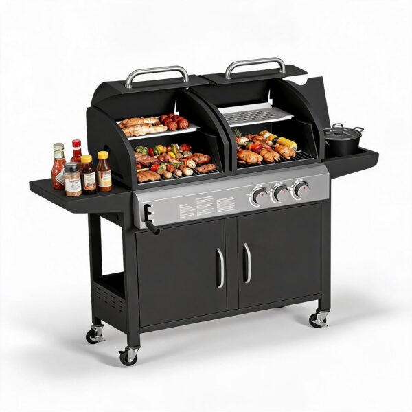 Parrilla de Gas y Carbón Patikuin 24000 BTU Combo 2 en 1 Acero Inoxidable Quemador Lateral 690 Pulgadas Cuadradas