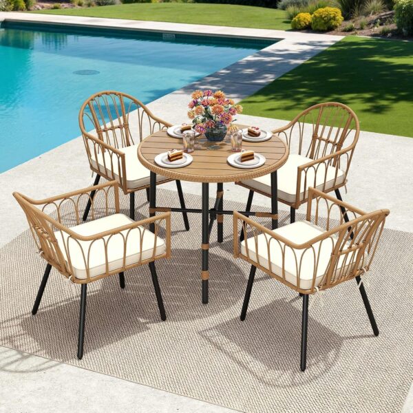 Juego de Comedor para Patio YITAHOME MAYIHLExJg 5 Piezas Mimbre Ratán con Agujero para Sombrilla para 4 Personas Color B