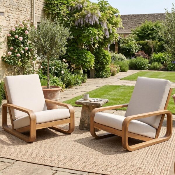 Juego de 2 Sillas para Exteriores Christopher Knight Home Tustin 385828 Madera de Acacia Teca Clara Beige Cojín Extraíbl