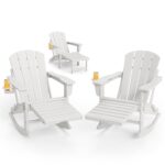 Juego de 2 Mecedoras Adirondack Plegables GarveeLife con Otomana Retráctil de Polietileno de Alta Densidad Blanco