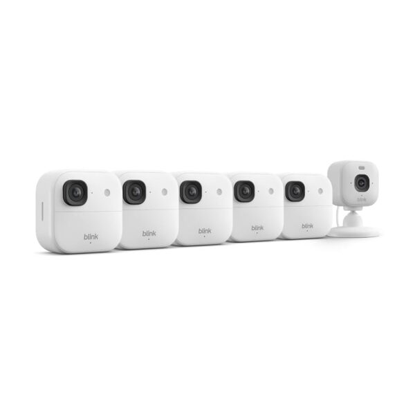 Cámaras de Seguridad Blink Outdoor 2K+ y Mini 2K+ Paquete de 6 Cámaras Blancas Resolución 2K con Módulo de Sincronizació
