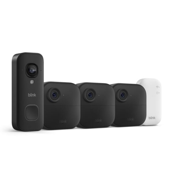 Kit de Seguridad Blink Outdoor 4 y Videotimbre Cableado 2K+ 3 Cámaras 1080p con Videotimbre 2K y Módulo de Sincronizació