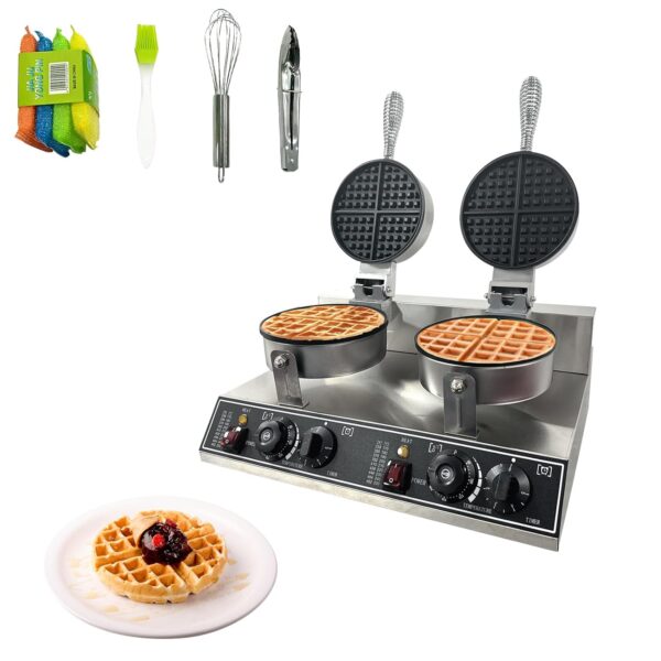 Double Head Commercial Waffle Maker – 2400W Stainless Steel Nonstick Waffle Iron – Adjustable Temperature & Timer – Easy