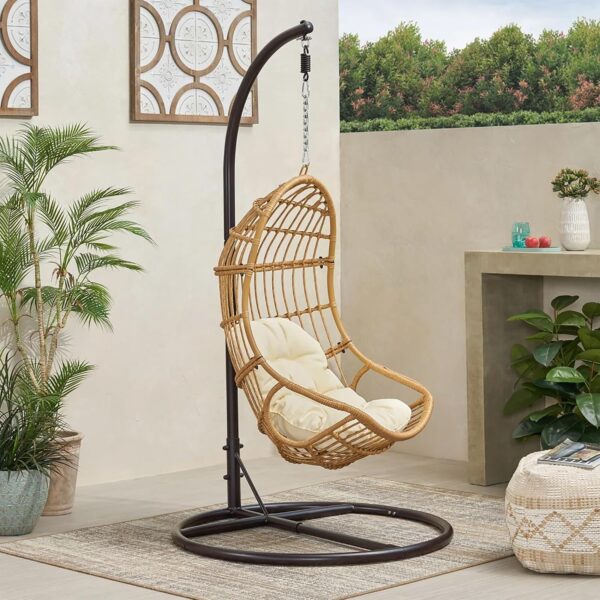 Silla Colgante de Huevo con Soporte Christopher Knight Home Sansa 385815 Mimbre de Ratán Marco de Hierro Marrón y Beige