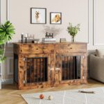 Mueble Jaula para Perros GAOMON 60 Pulgadas Doble Compartimento Madera Marrón Retro con Cajones