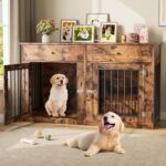 Mueble Jaula para Perros GAOMON 60 Pulgadas Doble Compartimento Madera Marrón Retro con Cajones