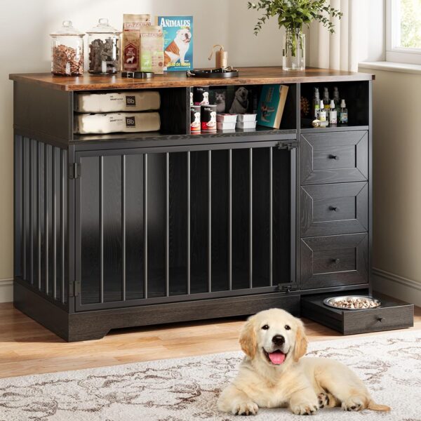 Mueble Jaula para Perros Garvee 48 Pulgadas Madera de Ingeniería y Metal Negro con Cuenco y Cajones de Almacenamiento