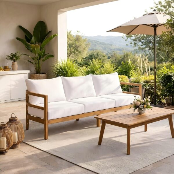 Sofá para Exterior 3 Plazas Christopher Knight Home 388132 Madera de Acacia Acabado Teak con Cojines Blancos