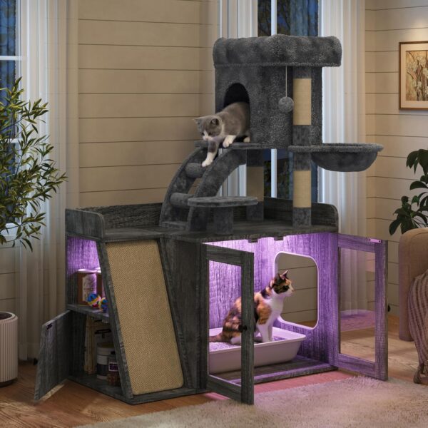 Caja de Arena Oculta con Árbol para Gatos Merax GG00310 Torre Todo en Uno Gris 3 Niveles 36.6 x 18.1 x 48 Pulgadas