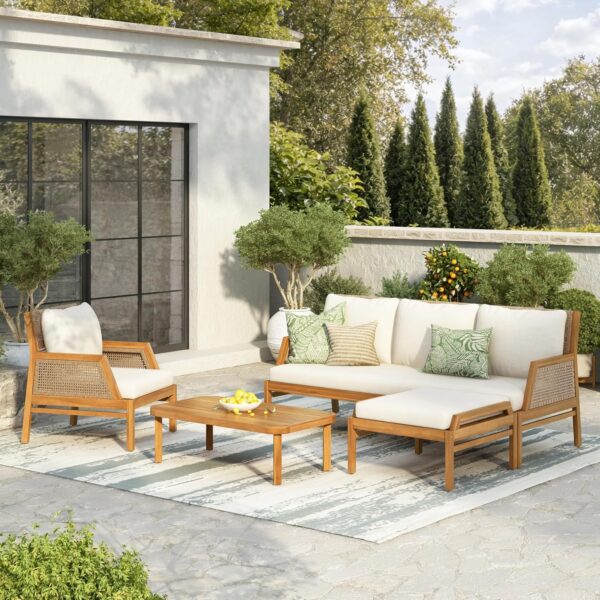 Juego de Muebles de Patio Christopher Knight Home Zura 378786 4 Piezas Madera de Acacia Color Teca y Crema